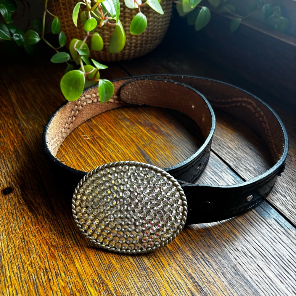 Women's Black Leather Statement Belt with Rhinestone Oval Buckle